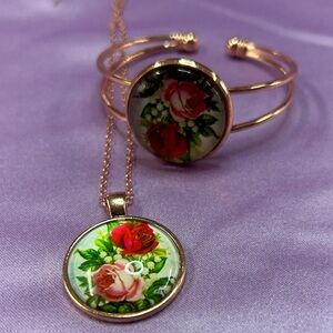 Floral Rose Pendant Necklace and Bracelet Set - Rose Gold